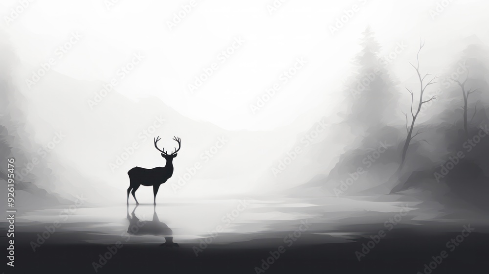 An abstract portrayal of a wild deer silhouette reflected against a misty An abstract portrayal of a wild deer silhouette reflected against a misty