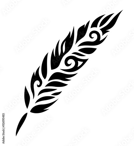 Tribal tattoo art with black stylized feather