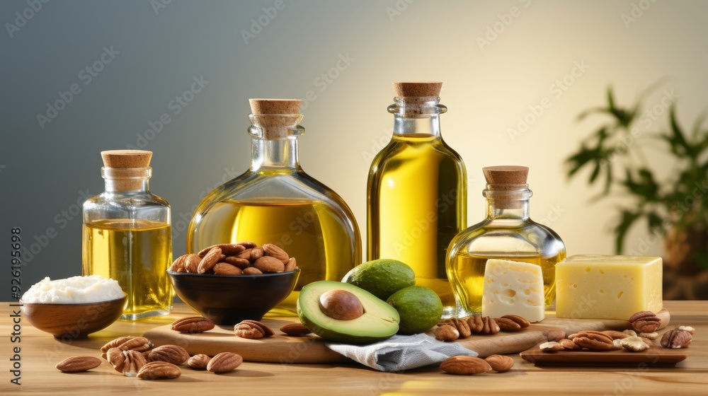 Variety of nutritious fats avocado, nuts, seeds, and olive oil display with space for customization Variety of nutritious fats avocado, nuts, seeds, and olive oil display with space for customization