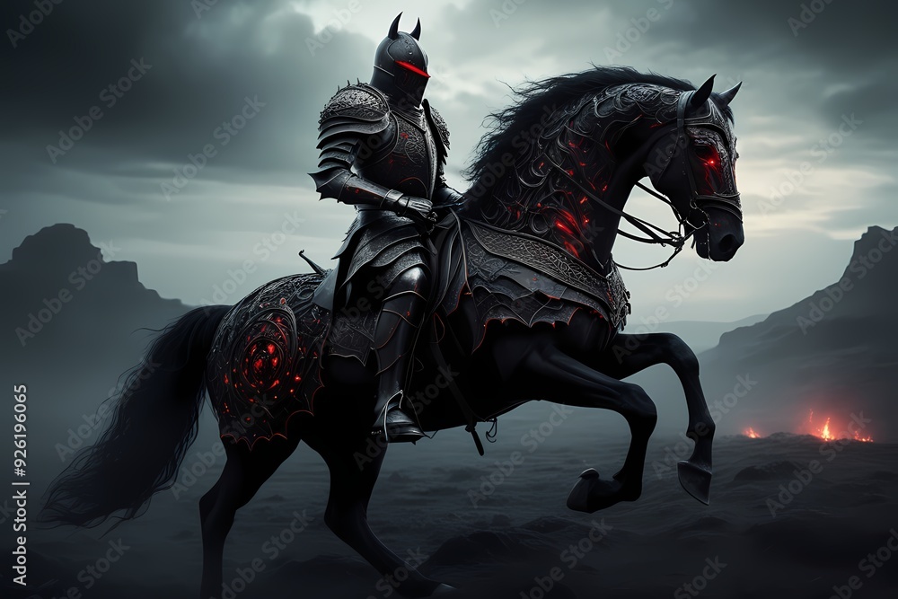 Dark Fantasy Knight on Glowing Horse in Eerie, Desolate Landscape Dark Fantasy Knight on Glowing Horse in Eerie, Desolate Landscape
