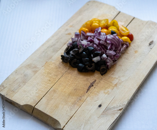 Kitchen items, friuts and vegetables photo