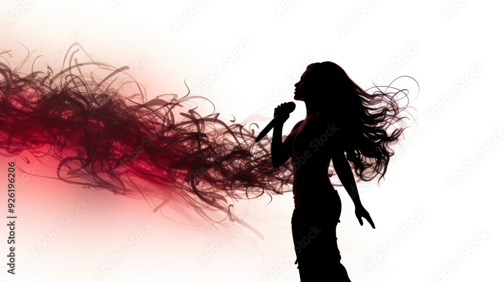 Artistic silhouette of a female singer with flowing hair, Artistic silhouette of a female singer with flowing hair,