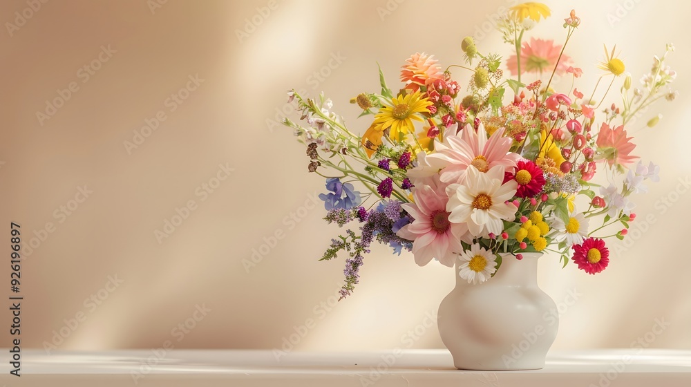 white vase with colorful flowers on the table against a light background white vase with colorful flowers on the table against a light background