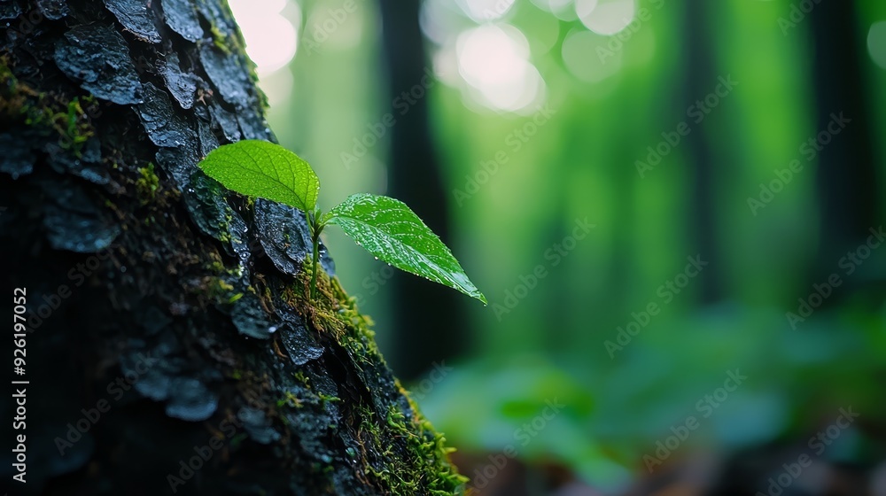A tight shot of a tree leaf against a tree trunk, surrounded by verdant grass and background trees in a forest A tight shot of a tree leaf against a tree trunk, surrounded by verdant grass and background trees in a forest