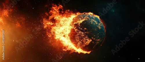 3D rendering of Earth burning with intense fire and apocalyptic flames spreading across the globe highlighting its demise