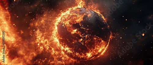 3D rendering of Earth burning with intense fire and apocalyptic flames spreading across the globe highlighting its demise