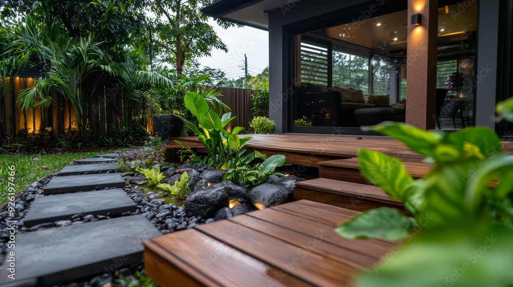 A wooden bench sits in the heart of a verdant yard, surrounded by a luxuriant green tree and flourishing shrubbery A wooden bench sits in the heart of a verdant yard, surrounded by a luxuriant green tree and flourishing shrubbery