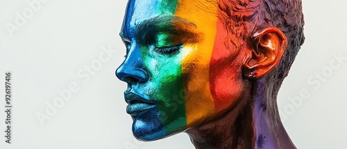 Head sculpture featuring a fusion of LGBTQ colors and modern design elements celebrating pride and diverse identities