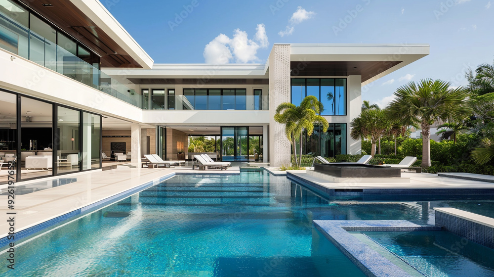 a high resolution image of a luxurious swimming pool surrounded by an exquisite house with modern architecture, featuring expansive glass walls and elegant landscaping.