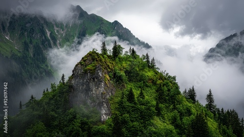  A lush green forest, shrouded in fog, borders a tall mountain crowned with dense forest and low-lying white clouds