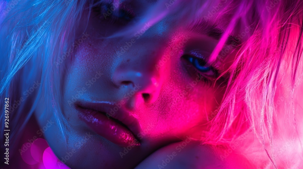 A woman's face, lit closely by pink and blue hues, as wind cascades through her flowing hair A woman's face, lit closely by pink and blue hues, as wind cascades through her flowing hair