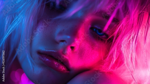  A woman's face, lit closely by pink and blue hues, as wind cascades through her flowing hair