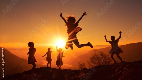 Silhouette of a child jumping off a small hill with arms raised and a joyful expression,