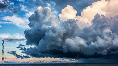  A sizable cloud floats above a body of water, with a boat situated in the foreground photo