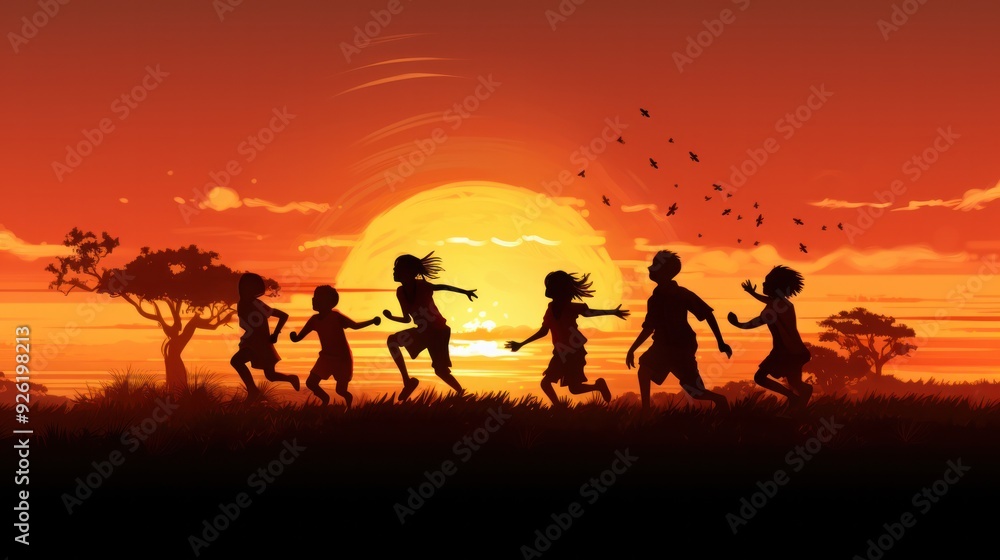 Silhouette of a group of children jumping and playing together on a grassy field during sunset, Silhouette of a group of children jumping and playing together on a grassy field during sunset,