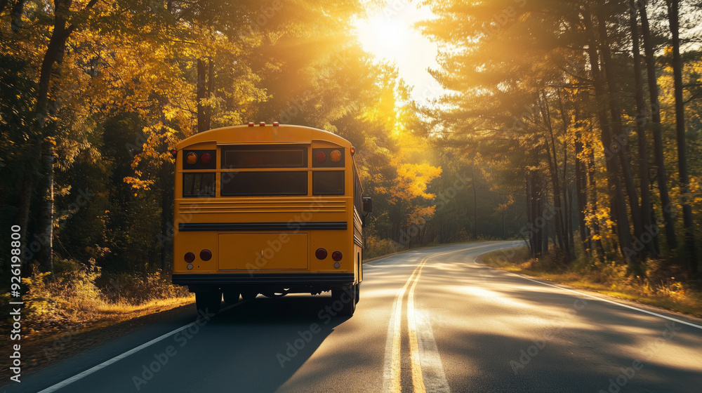 Obraz premium yellow school bus driving down the road in an autumn forest