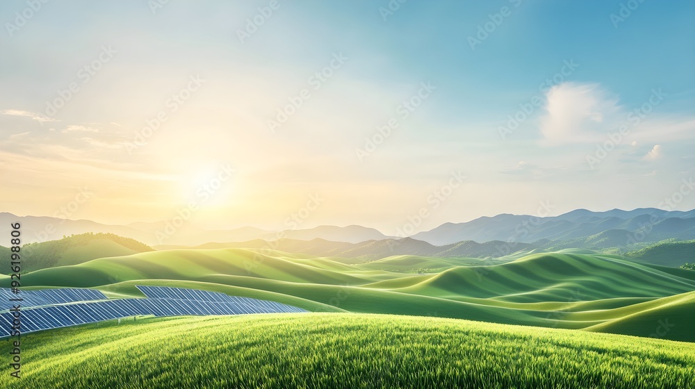 Fototapeta premium Green Hills Solar Panels Sustainable Energy Landscape