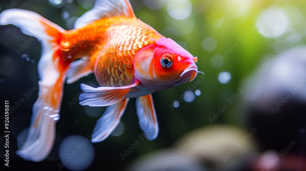 A golden fish, close-up, in an aquarium, water droplets on its head bottom A golden fish, close-up, in an aquarium, water droplets on its head bottom