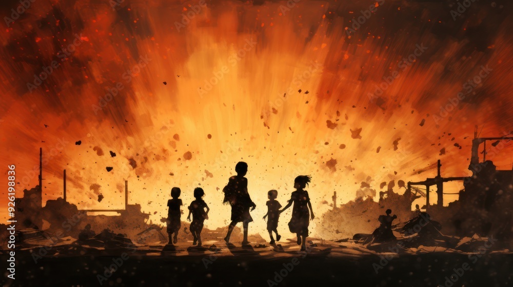 Fototapeta premium Silhouettes of children fleeing through a barren, war-ravaged landscape
