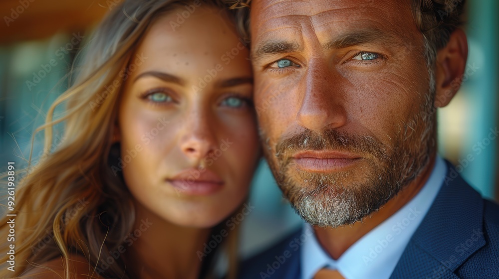 Portrait of a couple with striking blue eyes at an outdoor location during golden hour Portrait of a couple with striking blue eyes at an outdoor location during golden hour