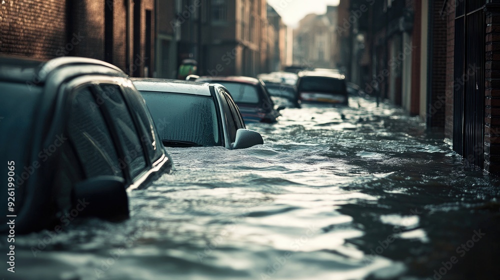 Street Lined With Cars Submerged In Floodwater Water Lapping At The