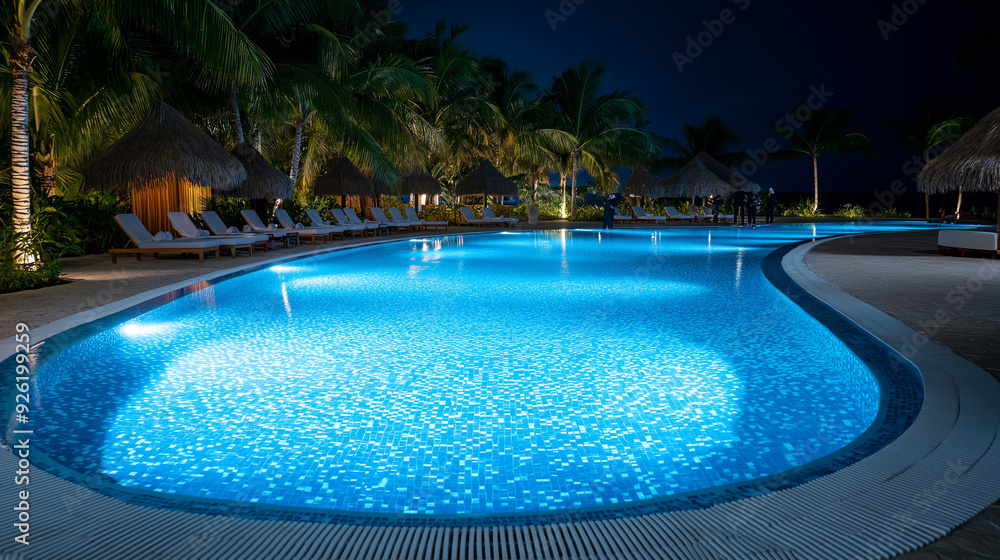 A luxurious resort swimming pool with security staff maintaining safety A luxurious resort swimming pool with security staff maintaining safety