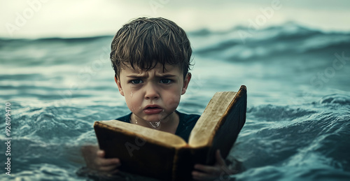 A little boy is holding a bible in his hand and he is sinking into the sea.  photo