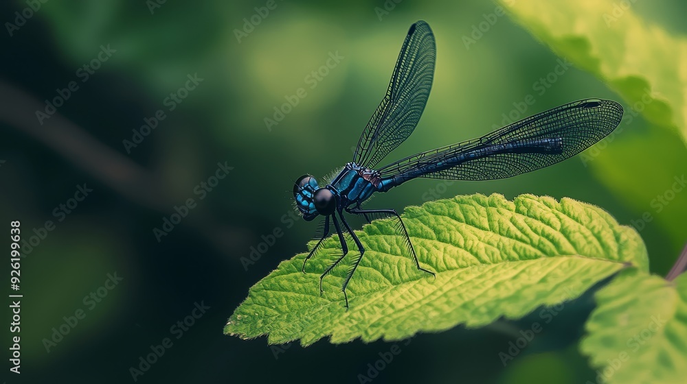 A blue dragonfly perches on a verdant leaf Nearby, a green plant with expansive foliage serves as the backdrop A blue dragonfly perches on a verdant leaf Nearby, a green plant with expansive foliage serves as the backdrop