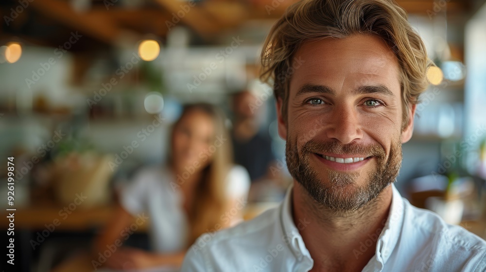 Smiling man in casual shirt poses confidently in a cozy café during daytime Smiling man in casual shirt poses confidently in a cozy café during daytime