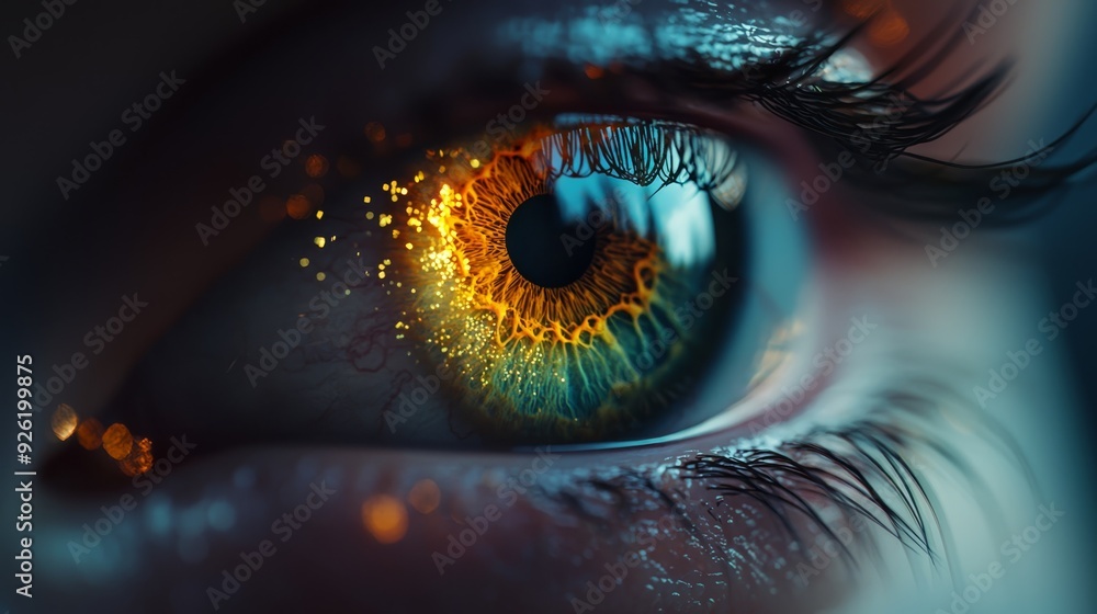 A tight shot of an eye, its iris vibrantly colored in hues of bright yellow and blue A tight shot of an eye, its iris vibrantly colored in hues of bright yellow and blue