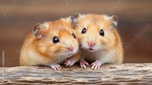 Two adorable Syrian hamsters sitting close together on a wooden surface, looking directly at the camera - AI Generated Digital Art