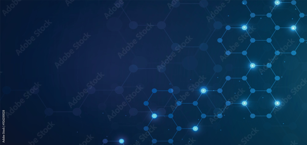 Hexagons pattern blue background. Genetic research, molecular structure. Chemical engineering. Concept of innovation technology. Used for design healthcare, science and medicine background Hexagons pattern blue background. Genetic research, molecular structure. Chemical engineering. Concept of innovation technology. Used for design healthcare, science and medicine background