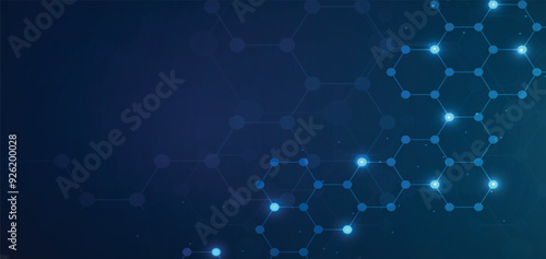 Hexagons pattern blue background. Genetic research, molecular structure. Chemical engineering. Concept of innovation technology. Used for design healthcare, science and medicine background