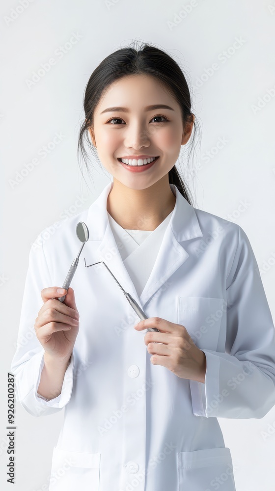 A smiling dentist holds dental instruments while promoting oral health in a clinical environment A smiling dentist holds dental instruments while promoting oral health in a clinical environment