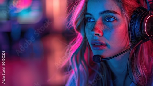 A gamer in a gaming lounge using a headset while focused on the screen in vibrant neon lighting