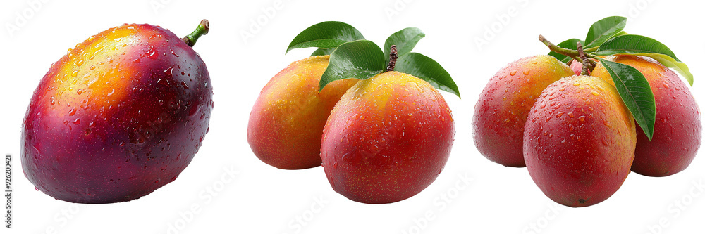 Fresh Whole Mangoes with Water Droplets and Leaves on Transparent Background for Tropical Fruit Illustrations and Healthy Food Concepts Fresh Whole Mangoes with Water Droplets and Leaves on Transparent Background for Tropical Fruit Illustrations and Healthy Food Concepts