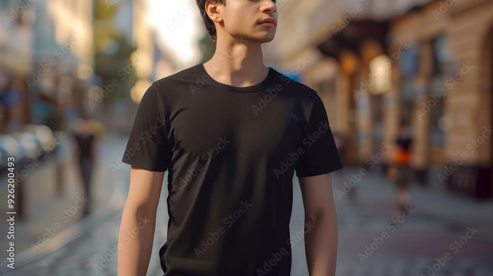 Fototapeta premium This high-resolution mockup showcases a young male model wearing a black t-shirt on a bustling city street.