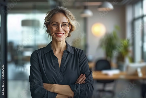 Smiling confident old senior businesswoman against blurry office in background