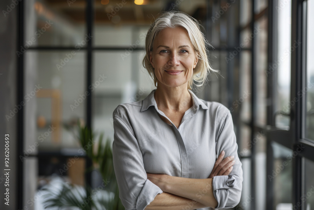 Smiling confident old senior businesswoman against blurry office in background Smiling confident old senior businesswoman against blurry office in background