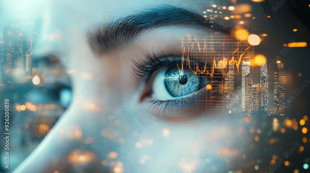 Double Exposure Portrait of a Beautiful Woman in a Suit with Big Eyes Overlaid on a Financial Map and Urban Landscape, Symbolizing Vision and Opportunity in Business Double Exposure Portrait of a Beautiful Woman in a Suit with Big Eyes Overlaid on a Financial Map and Urban Landscape, Symbolizing Vision and Opportunity in Business
