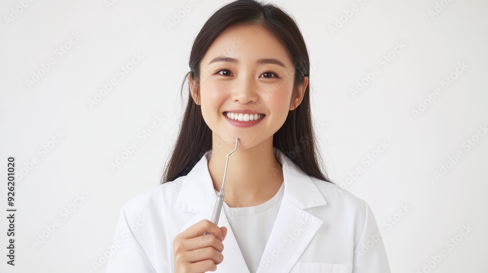 A dental professional poses confidently while holding a dental tool and smiling warmly