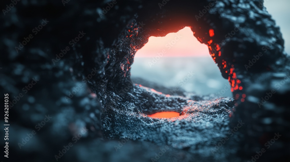 A tight shot of a rock formation with light beaming from its hole's endpoint A tight shot of a rock formation with light beaming from its hole's endpoint