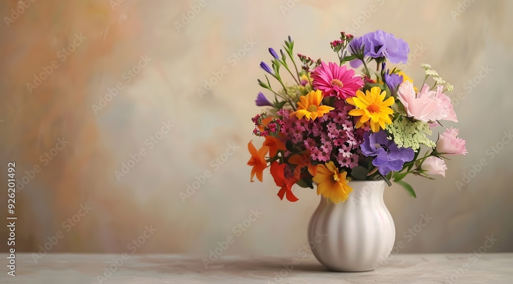 white vase with colorful flowers on the table against a light background white vase with colorful flowers on the table against a light background