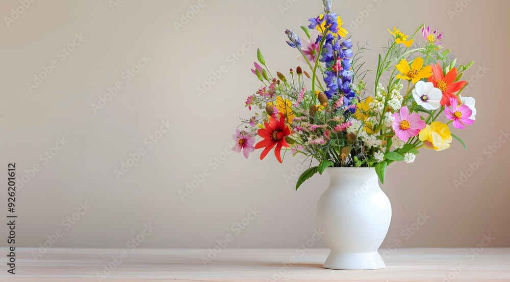 white vase with colorful flowers on the table against a light background white vase with colorful flowers on the table against a light background