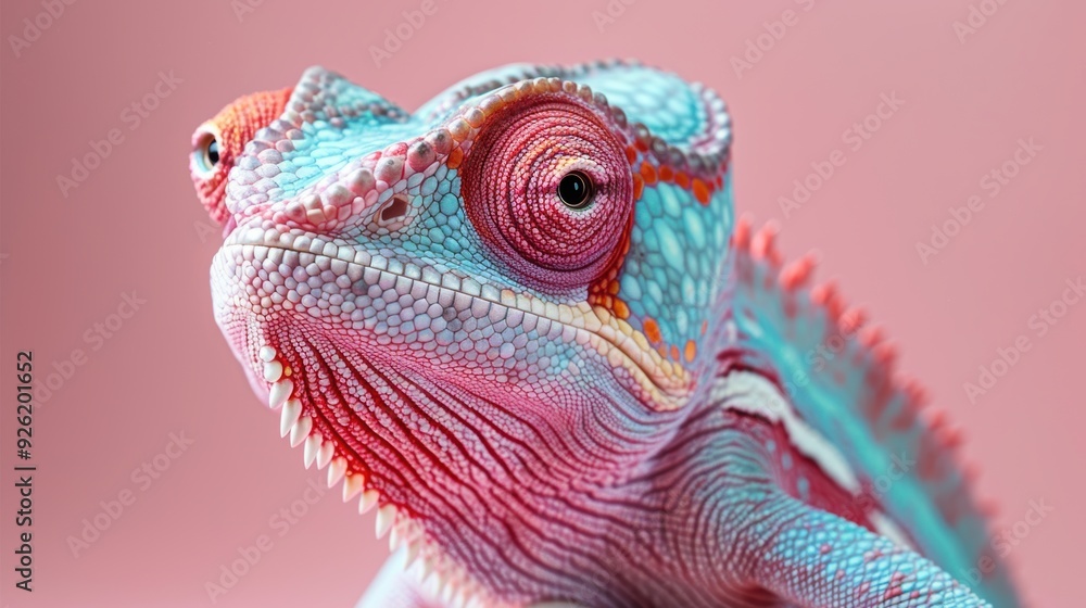 Colorful chameleon on a pink background showcasing vibrant skin patterns Colorful chameleon on a pink background showcasing vibrant skin patterns