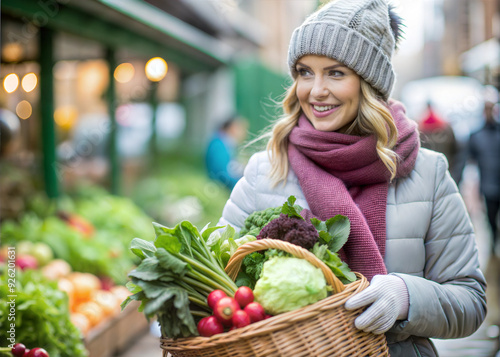 Smiling Woman Shopping for Fresh Vegetables at Outdoor Market in Autumn