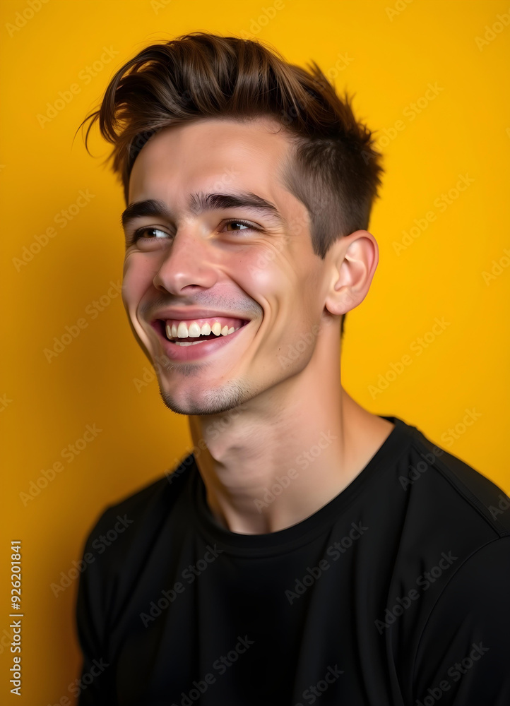 Portrait of young man in side-headed pose looking happy, Young man seems deeply happy. Isolated on yellow background. Portrait of young man in side-headed pose looking happy, Young man seems deeply happy. Isolated on yellow background.