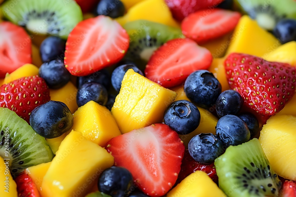 A vibrant close-up of a mixed fruit salad with strawberries, kiwi, blueberries, and mango chunks, showcasing fresh and colorful ingredients A vibrant close-up of a mixed fruit salad with strawberries, kiwi, blueberries, and mango chunks, showcasing fresh and colorful ingredients