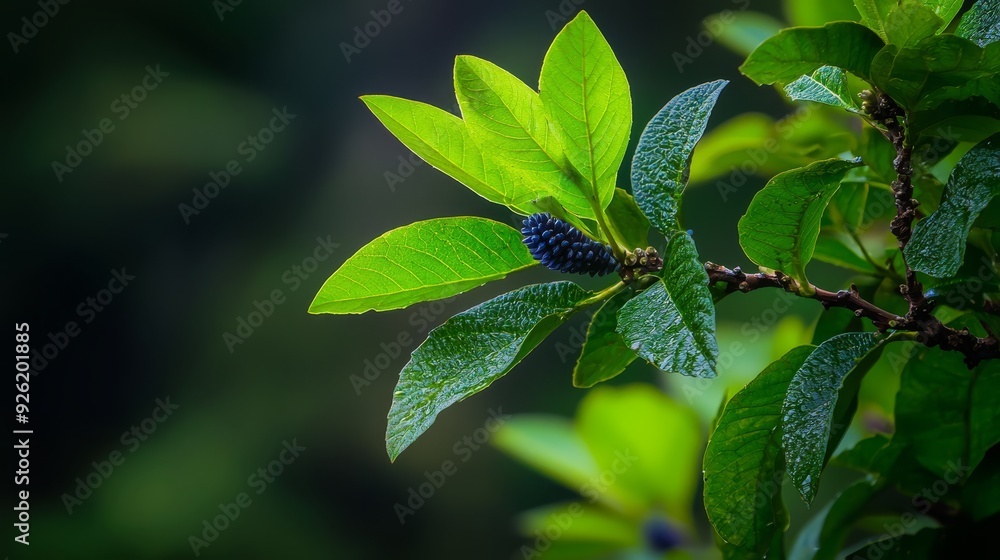 A blue caterpillar atop a green leaf-draped branch, dotted with water drops A blue caterpillar atop a green leaf-draped branch, dotted with water drops
