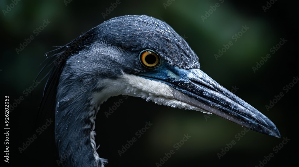 Close-up of a long-necked bird with blue-white head and neck against a black backdrop ..Or, for a more concise Close-up of a long-necked bird with blue-white head and neck against a black backdrop ..Or, for a more concise